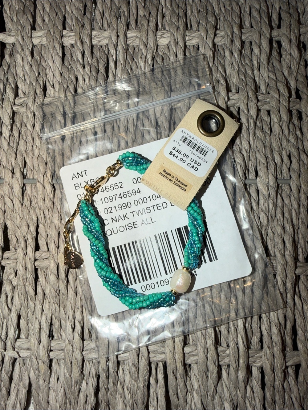 Anthropologie Turquoise & Teal Twisted Bead Bracelet with Pearl Accent